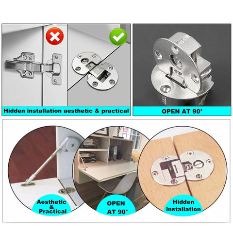 Four Pack Heavy Duty Concealed Hinges Sleek Flush Mount Setup Dead Simple Install For Smooth Ninety Degree Swing Zero Visible Hardware Built Tough With Grade A Zinc Alloy Perfect For Cupboards Desks And Folding Tables Game Changer showcasing hidden installation and open position.