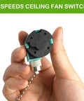 Ceiling Fan Pull Chain Switch Kit With CBB61 Capacitor And 3 Speed 4 Wire Light Replacement featuring preattached wiring, held in hand.