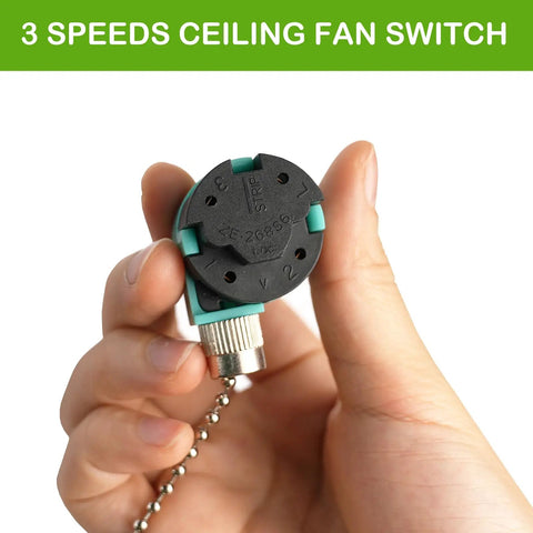 Ceiling Fan Pull Chain Switch Kit With CBB61 Capacitor And 3 Speed 4 Wire Light Replacement featuring preattached wiring, held in hand.