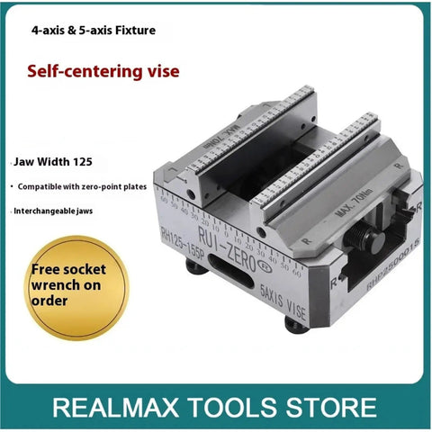 Super Precision Four Axis And Five Axis Self Centering Vise Quick Swap Zero Point Clamping Machining Bench Fixture, heavy-duty jaws, 125mm width.