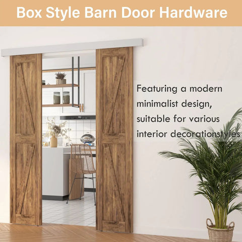 Box style barn door with heavy duty aluminum track in a kitchen setting featuring modern minimalist design.