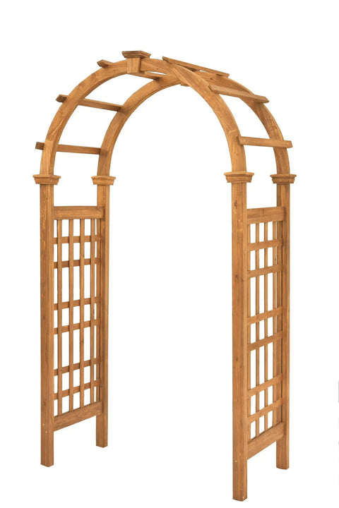 Golden Brown Cedar Arbor With Lattice To Help Climbing Plants Grow 47W X 89H Garden Trellis For Vines And Flowers Natural Wood Grain