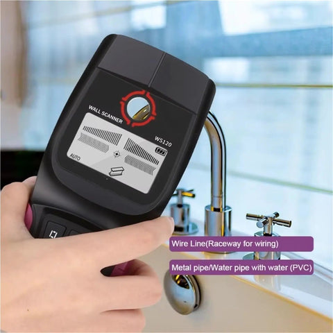 Heavy Duty Handheld Wall Scanner And Digital Stud Finder Badass Accuracy, user holding device near pipes and sinks.
