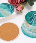 Diamond Art Coaster Set With Holder For DIY Craft Lovers, 8 teal marble coasters with cork pads, diamond dot supplies