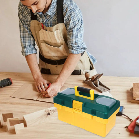 Rock Solid Portable Plastic Toolbox Organizer With Smart Compartments For Easy Carry And Outdoor Use on a workbench.