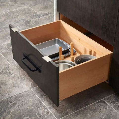 Open drawer with matte black cabinet pull handle installed, showing 12 Pack Matte Black Cabinet Pull Handles With Base Plate Aluminum Alloy