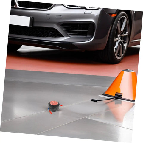 Low Key No Stress Automatic Aerosol Fire Extinguisher 2 Pack with Heavy Duty Back Adhesive, shown beside a car on garage floor.
