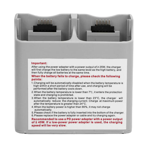 Back view of Compact Two Way Drone Battery Charger Hub With USB Power Source LED Indicator And Storage Mode showing ports and instructions.
