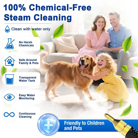 Family enjoying chemical-free cleaning with Quick Heat 10S Handheld Steam Cleaner, pet-friendly and safe for home.
