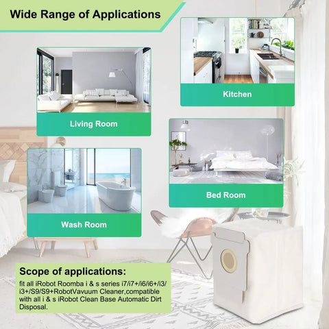 Roomba S9 S9 Plus Replacement Parts Kit usage in living room, kitchen, bedroom, bathroom, and storage space displayed.