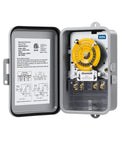Bulldozer Tough Heavy Duty Mechanical Timer Switch with yellow dial in weatherproof box for 120V applications.
