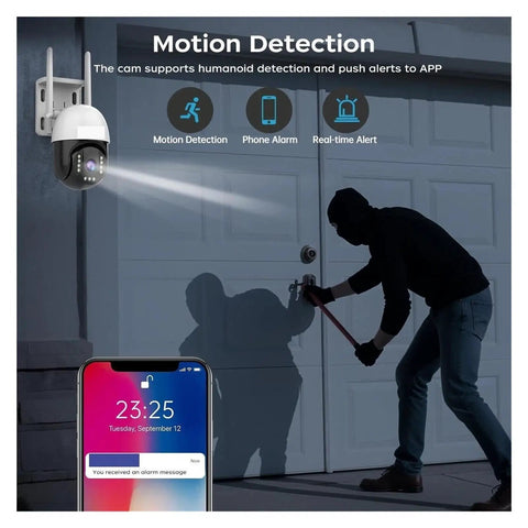 Built Tough 5MP PtZ Outdoor Security Camera monitors motion detection, sending alerts to app during attempted break-in.