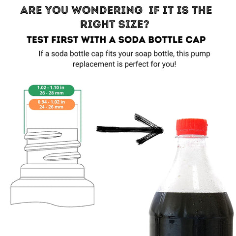 Diagram comparing soda bottle cap to Soap Dispenser Pump Head Replacement For Standard 28 400 Neck Size 26 To 28 Mm fit