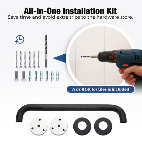 Installation kit for Straight Up Heavy Duty 16 Inch Shower Grab Bars Matte Black Stainless Steel with drill bit included.