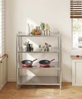 Heavy Duty Stainless Steel Garage Shelves With Adjustable Height And Built Like A Tank Design Supporting 330 Pounds Per Shelf in a kitchen setting.