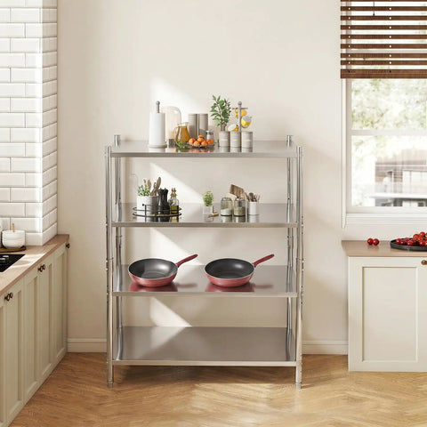 Heavy Duty Stainless Steel Garage Shelves With Adjustable Height And Built Like A Tank Design Supporting 330 Pounds Per Shelf in a kitchen setting.