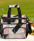 Insulated Picnic Backpack With Thick Padding And Soft Lining, Geometric Texture on a picnic blanket with wine and fruit