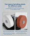Mini Bench Grinder With Powerful 100 Watt Brushless Motor Delivers Tough As Nails Sharpening For Metal Wood And Diy Crafting Projects showing white fine and brown coarse grinding wheels for sharpening.