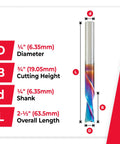 Spiral Plunge Router Bit With Solid Carbide Construction For Down Cut Routing Quarter Inch Diameter Three Quarter Inch Cutting Length And Quarter Inch Shank Spektra Coated For Extreme Tool Life Made In The USA Pro Grade with size details