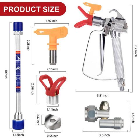 Diagram of Airless Paint Sprayer Gun 3600 PSI With Reversible 517 Tip Swivel Joint 10 Inch Extension Pole showing dimensions.