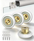 Heavy Hitter Sliding Shower Door Rollers Replacement Kit With Silky Smooth Nylon Wheels And Heavy Duty Brass Shafts, showing nylon wheels and brass axles.