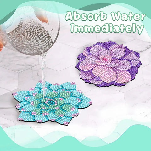 Image of 8-piece Succulent Diamond Art Coaster Set With Holder And Cork Bases, showing two flower-shaped coasters in use with water.