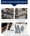 Image shows materials details of Electric Pull Down Attic Ladder With Titanium Magnesium Alloy Frame, including carbon steel and titanium alloy.