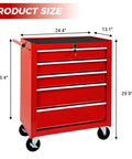Heavy Duty Rolling Tool Chest With Five Drawer Secure Lock And Cushioned Top Rest Spot Designed For Tough Job Sites And Serious Gear Stash Featuring Smooth Roll Brake Wheels And Classic Red Shop Storage, dimensions displayed.