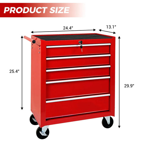 Heavy Duty Rolling Tool Chest With Five Drawer Secure Lock And Cushioned Top Rest Spot Designed For Tough Job Sites And Serious Gear Stash Featuring Smooth Roll Brake Wheels And Classic Red Shop Storage, dimensions displayed.