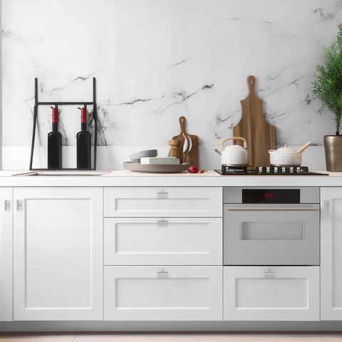 Modern kitchen with white cabinets and 30 Pack Brushed Nickel Cabinet Knobs Stainless Steel T Bar Pulls For Doors And Drawers.