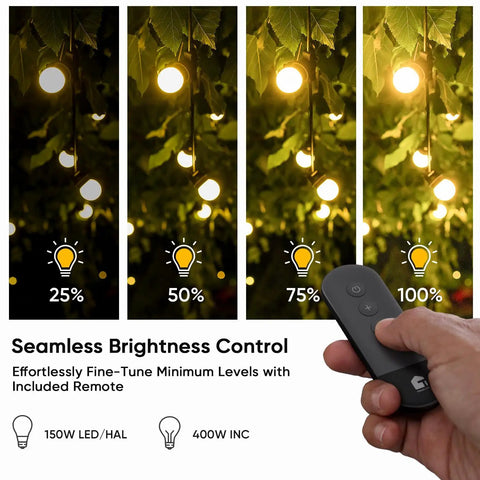 Beat The Glare Instantly With This 400 Watt Outdoor Dimmer Plug Offering Dead Simple Brightness Control Via A Rock Solid 100 Ft Wireless Remote And Ip44 Weatherproof Design For String Lights And Patio Gear, showing remote adjusting brightness levels.