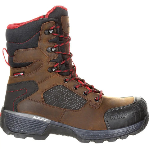 Rugged Composite Toe Work Boots Featuring Hella Comfort Rebound Support With Full Waterproof Shield And Killer Non Slip Oil Resistant Grip For Tough Job Sites side view showing brown leather, reinforced toe and red accents.