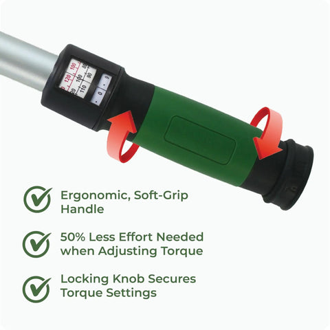Ergonomic grip of Click Style Torque Wrench Half Inch Drive 50 To 250 Ft Lbs 45 Tooth Ratchet for Auto Repair and DIY Mechanics