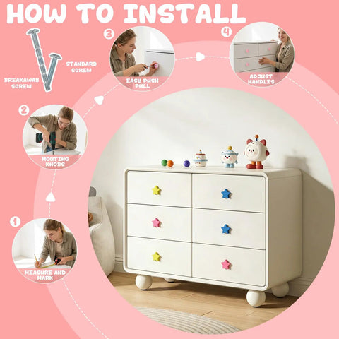 How to install Totally Adorable Goofy Cartoon Drawer Knobs For Kids Room 6 Pack on a dresser with colorful star handles.