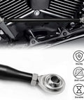 Round Gear Shift Linkage Replacement For Touring Electra Glide And Road King Motorcycles 1980-2020 Black Finish Durable Steel Build Smooth And Precise Shifting Upgrade For Ride-Ready Easy Shifts. Black round linkage installed on Harley engine with rod end close-up.
