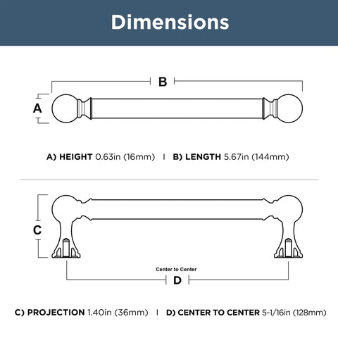 Dimensions of Modern Gold Cabinet Handles And Drawer Pulls For Kitchen Cupboards And Dressers, showing measurements and spacing.