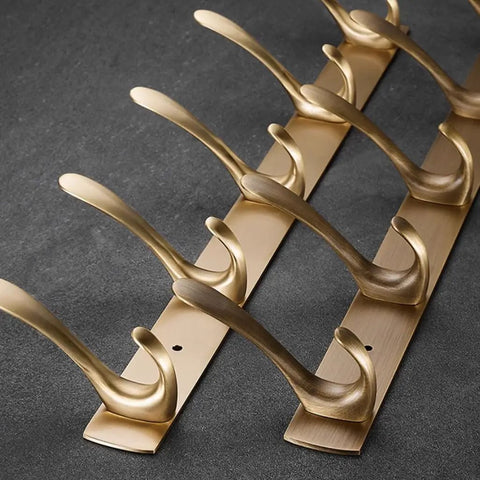 Top Shelf Vintage Brass Wall Mounted Coat Rack With Six Sleek Brushed Metal Hooks For Entryway Bathroom Bedroom And Closet Heavy Duty Towel Hanging Rail Built Tough To Grip Tight, showing detailed hooks and mounting plate.