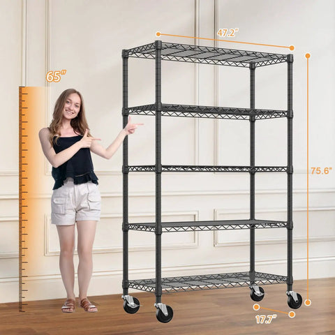 Heavy Hitter 5 Tier Wire Shelving Rack With Rock Solid Carbon Steel Frame And Smooth Rolling Casters For Garage Kitchen Pantry And Home Office Storage shown with height and width dimensions
