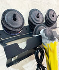 Three Bay Angle Grinder Holder With Disc Hook Rack for Garage or Workshop, showing grinders and disc storage mounted on a wall.