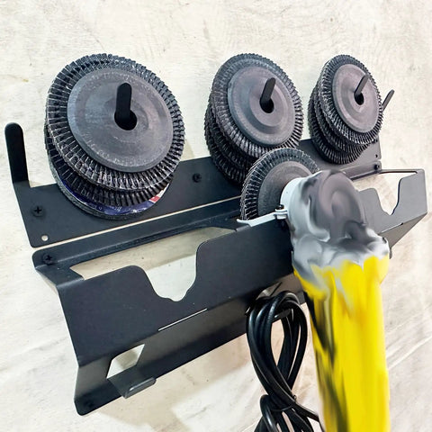 Three Bay Angle Grinder Holder With Disc Hook Rack for Garage or Workshop, showing grinders and disc storage mounted on a wall.