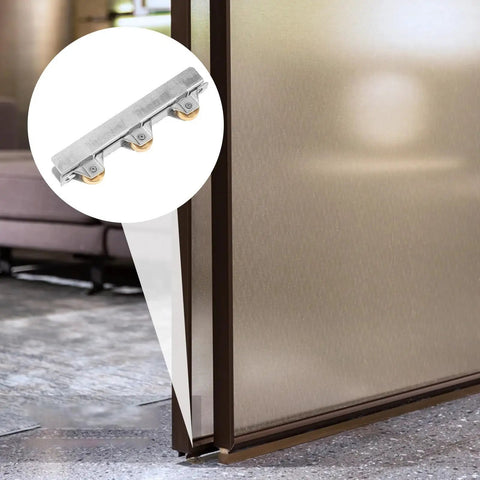 Heavy Duty Sliding Door Pulley Wheel Replacement For Home Shower And Patio Glass Doors Quiet Glide Roller Upgrade close-up view of roller track with polished metal wheels.