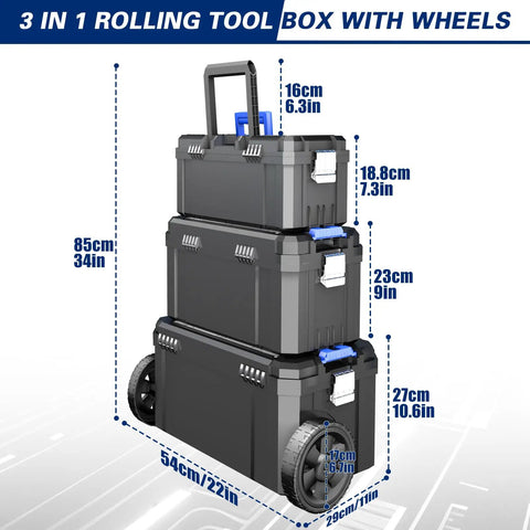 3 In 1 Rolling Toolbox With Wheels, Stackable Modular Tool Storage System showing black toolboxes stacked with size measurements