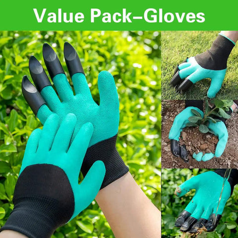 Turquoise gardening gloves with black claw tips in a value pack, shown in various garden settings.