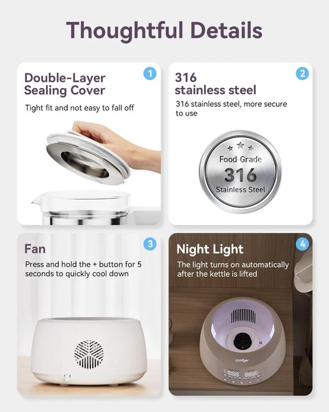 Bottle Warmer With Night Light And Fast Cooling Fan Instant Water Warmer features sealing cover, stainless steel, fan, night light