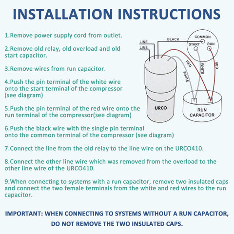 Installation instructions for Tough As Nails Three In One Hard Start Capacitor Kit for Refrigerator Compressors, wiring diagram and step-by-step guide.