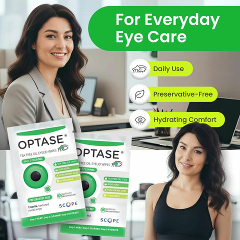 OPTASE eyelid cleansing wipes, two front-packages with green accents, tea tree oil, preservative-free formula