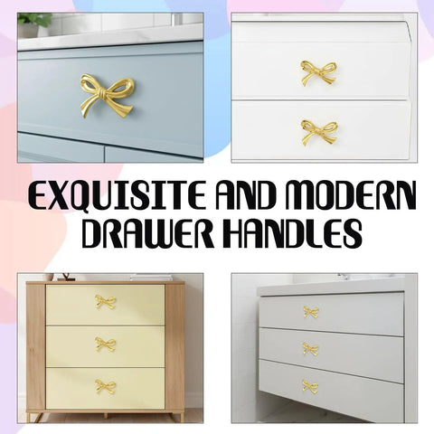 Six Pcs Gold Bow Knobs Set With Screws, Vintage Brass Drawer Handles For Cabinets and Dressers, Antique Gold Finish displayed on drawers.