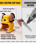 Go Anywhere Cordless Mini Bench Grinder Powerhouse with dual grinding wheels and suction-cup base for hands-free sharpening.