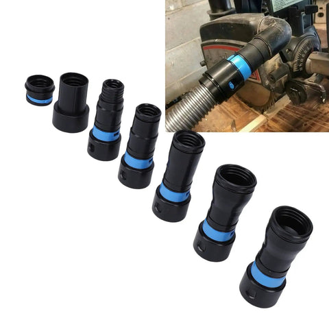 7 Piece Universal Vacuum Hose Adapter Extension Kit For Dust Collection With 5 Size Connectors showing various connector sizes.