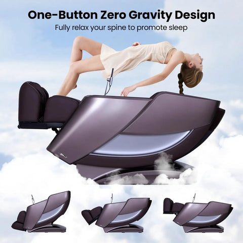 Premium 4D Flexible Track Massage Chair With Zero Gravity Reclining, Full Body Airbag Compression, Waist Heating Pads, Auto Body Scan And Wireless Charging For Straight Up Recovery Vibes In Brown in zero gravity position.